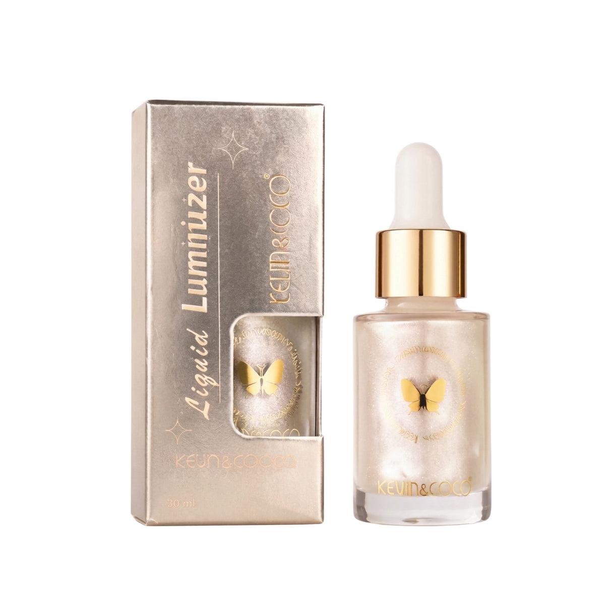 Kevin&Coco, Iluminator Lichid pentru Ten, Efect de Stralucire Bronz si Aspect Radiant, Formula Fluida Instant Anti Age, Model Luminizer, Nuanta Champagne, 3.5 x 3.5 x 8.5 cm