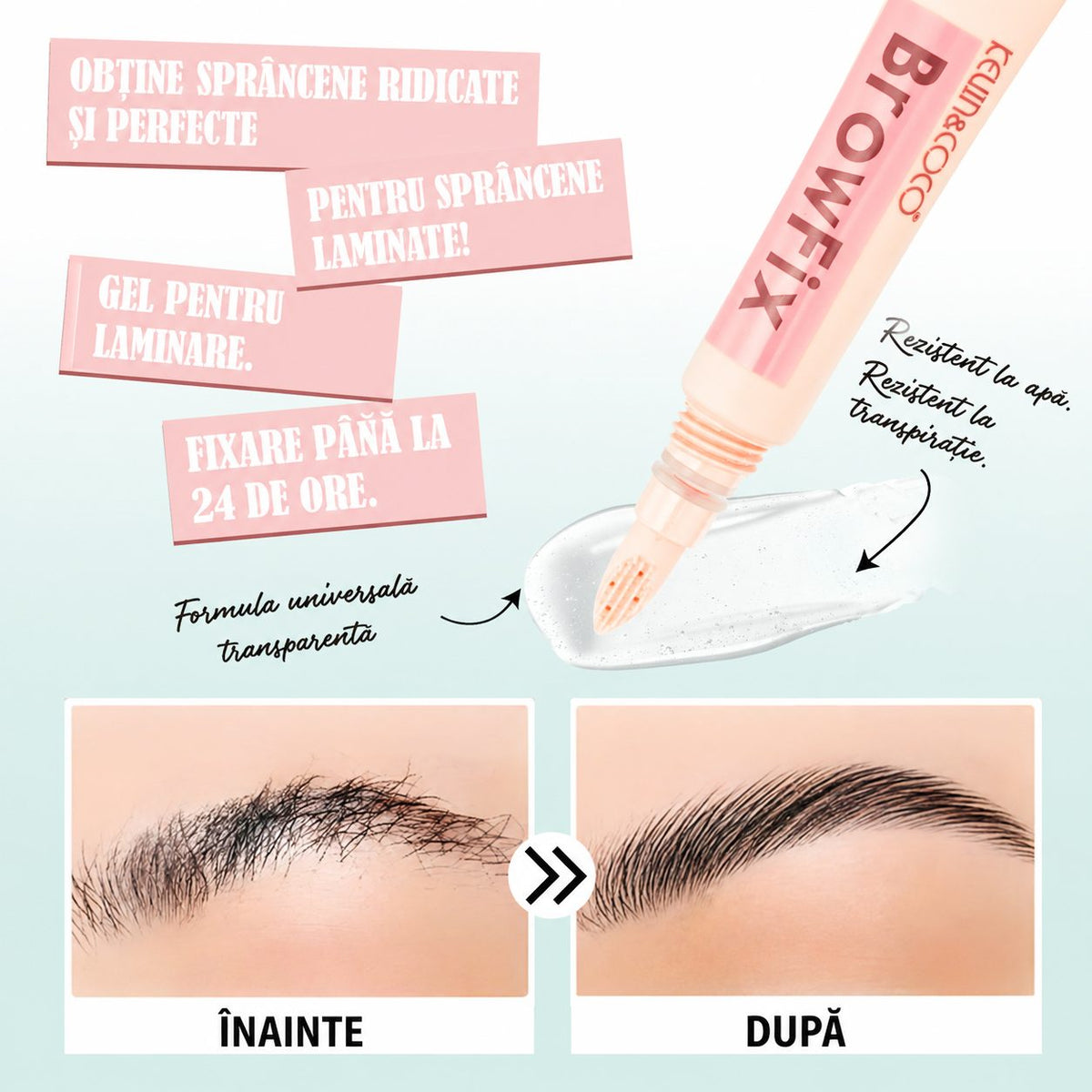 Kevin&Coco Gel Pentru Fixarea Sprancenelor Brow Fix, Efect De Laminare Si Fixare Puternica, Formula Transparenta Cu Periuta Silicon, 10 ml