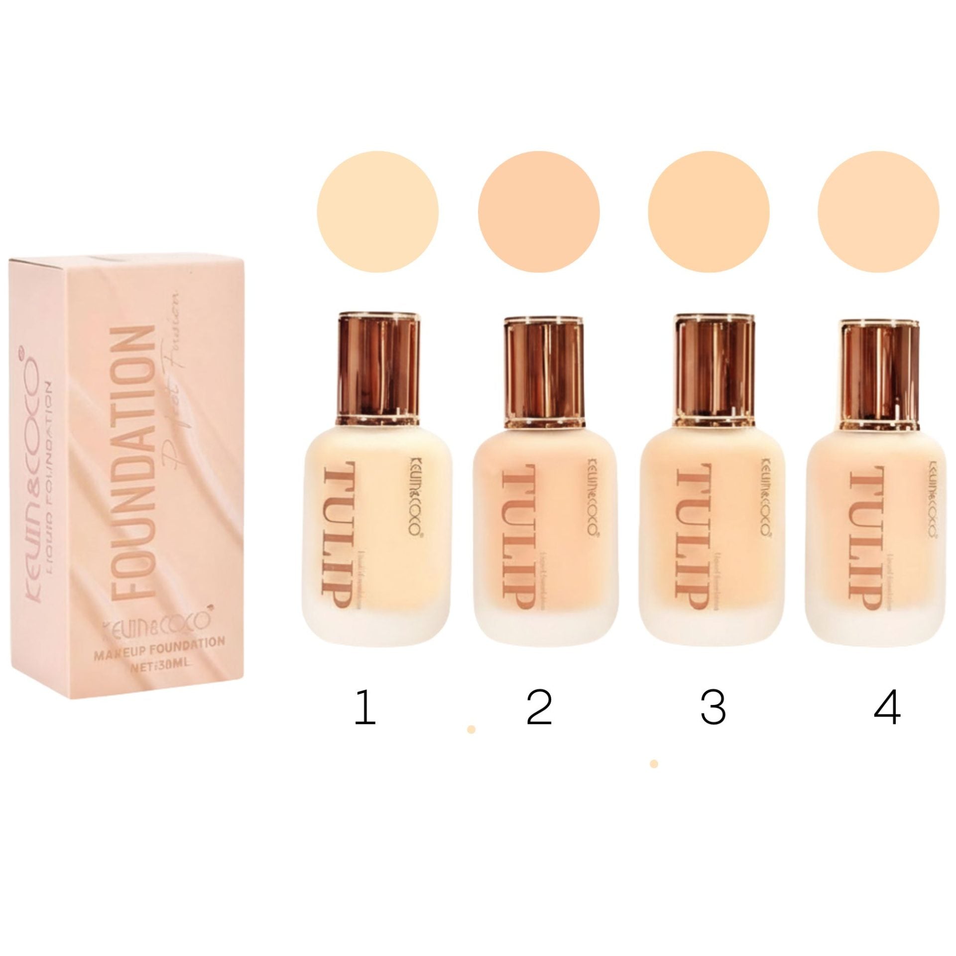 Kevin&Coco Fond de Ten Lichid Tulip, Acoperire Naturala si Finish Luminos, Textura Lejera, 38 ml, Nuanta 4 Golden Beige