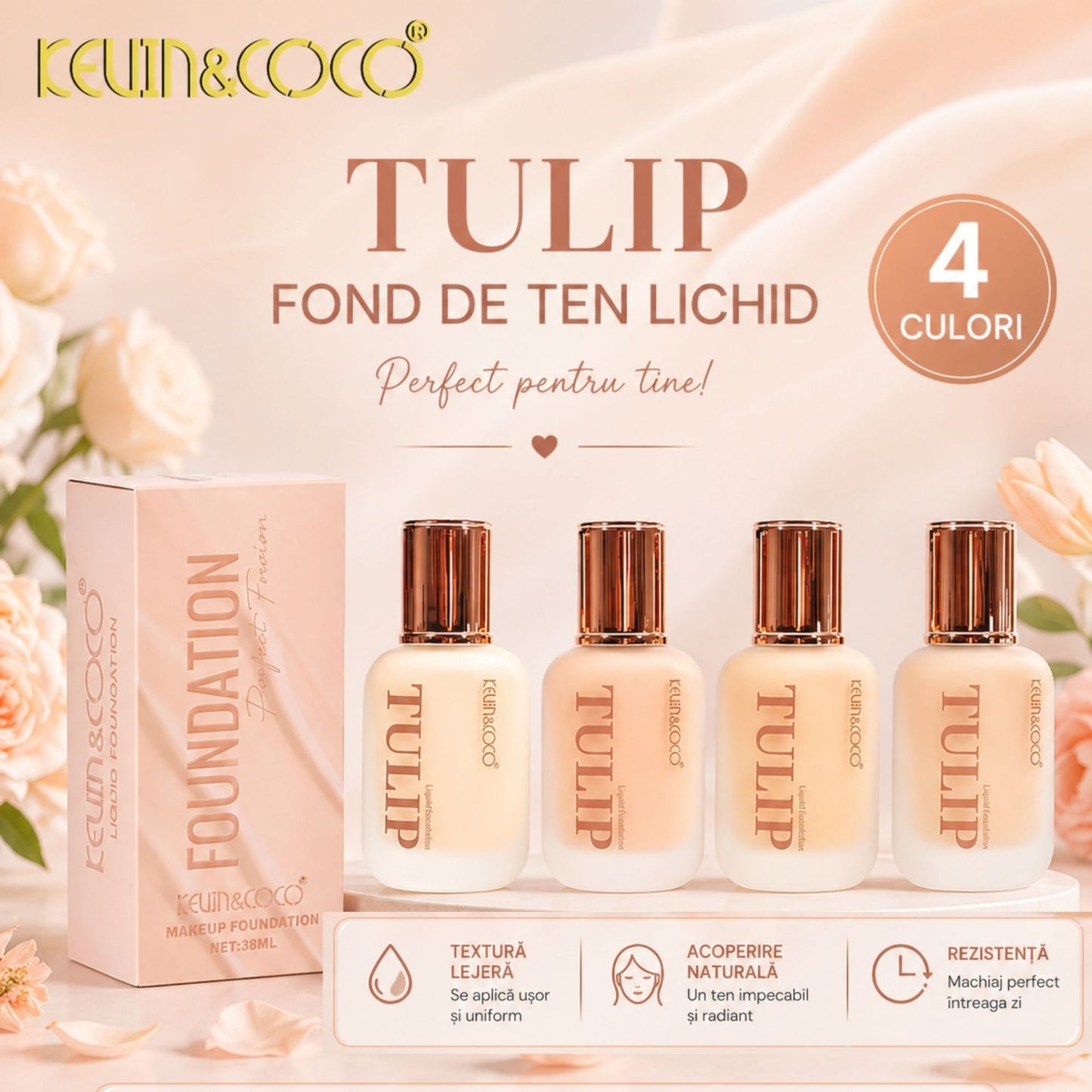 Kevin&Coco, Fond de Ten Lichid Tulip, Acoperire Naturală și Finish Luminos, Textură Lejeră, 38 ml, Nuanța 1 Ivory Light