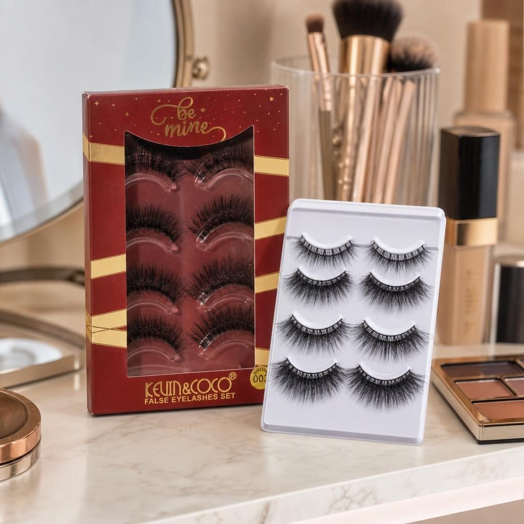 Kevin & Coco Set 4 Perechi Gene False Individuale, Efect Dramatic de Volum si Lungime, Banda Flexibila de Bumbac, Fibre Sintetice Premium, Negru, Marimea 3