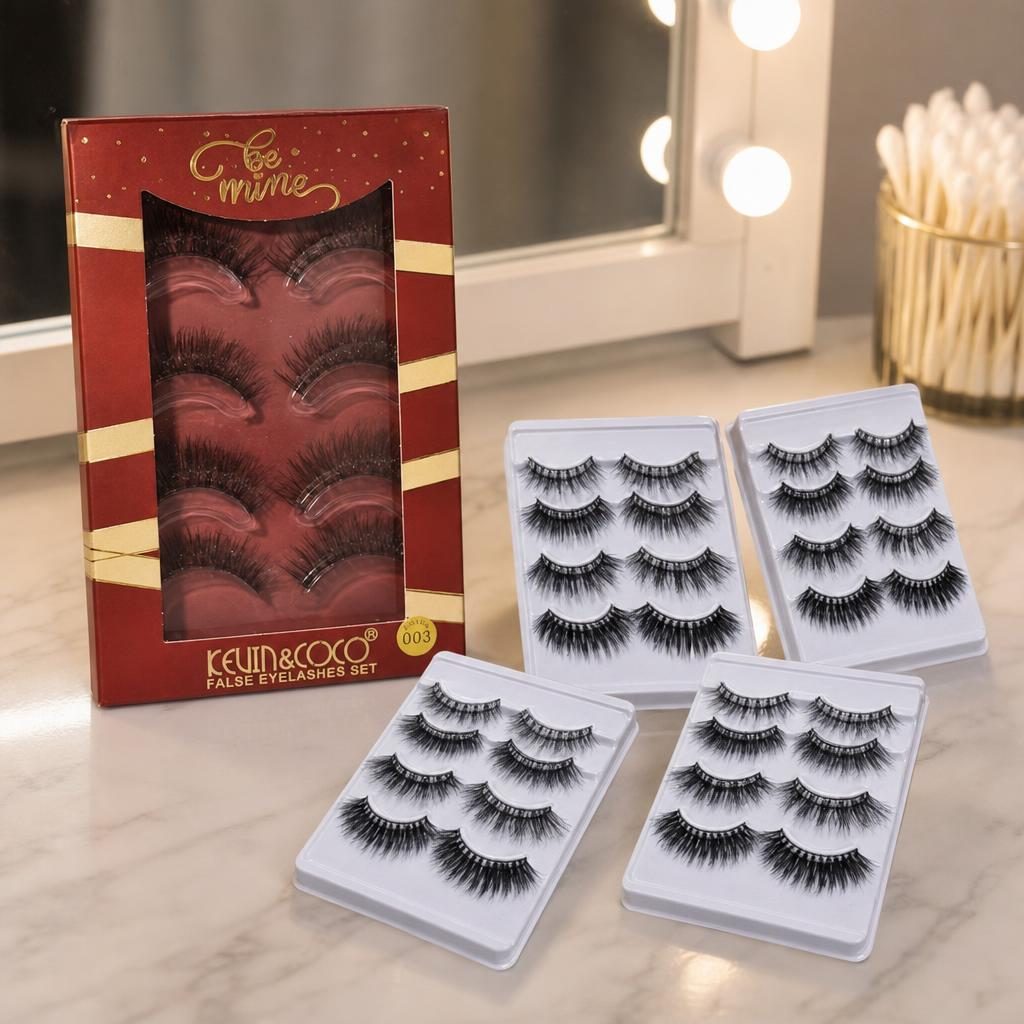 Set 4 Perechi Gene False Kevin & Coco, Gene Individuale cu Banda Flexibila de Bumbac, Curbura Naturala, Fibre Sintetice Premium Vegan, Negru, Marimea 2