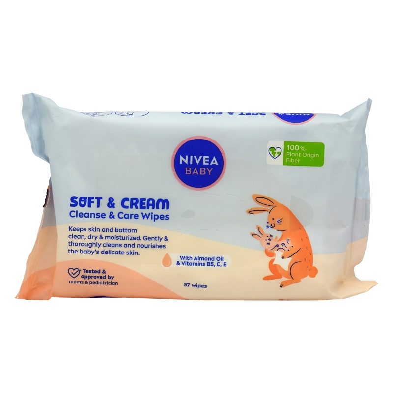 Nivea Baby Șervețele Umede, Curățare Delicată cu Cremă Hidratantă, Textură Moale, 57 Bucăți