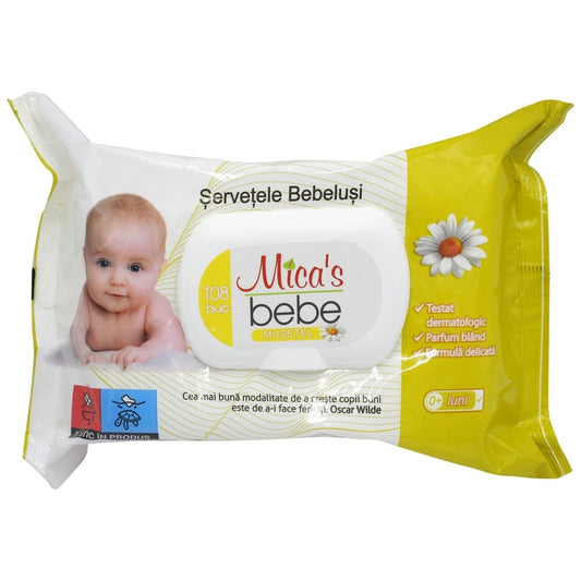 Micas Șervețele Umede pentru Bebelusi cu Extract de Mușețel și Capac, Curățare Delicată, 108 Bucăți