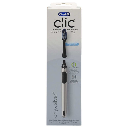 Oral-B Clic Periuta de Dinti Manuala cu Cap Inlocuibil, Tehnologie CrossAction, Maner Metalic, Onyx Silver, 1 Bucata