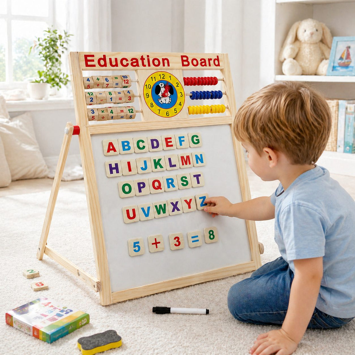 Tabla Educativa Magnetica cu Doua Fete, Inaltime Reglabila, Abac si Ceas, Cadru din Lemn, Include Litere si Cifre, 52x36 cm