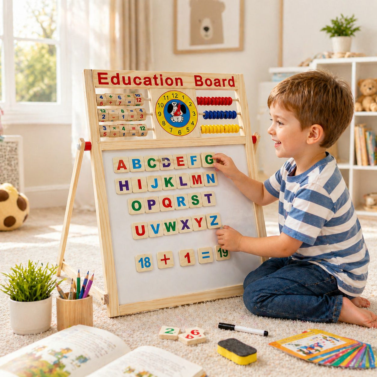 Tabla Educativa Magnetica cu Doua Fete, Inaltime Reglabila, Abac si Ceas, Cadru din Lemn, Include Litere si Cifre, 52x36 cm