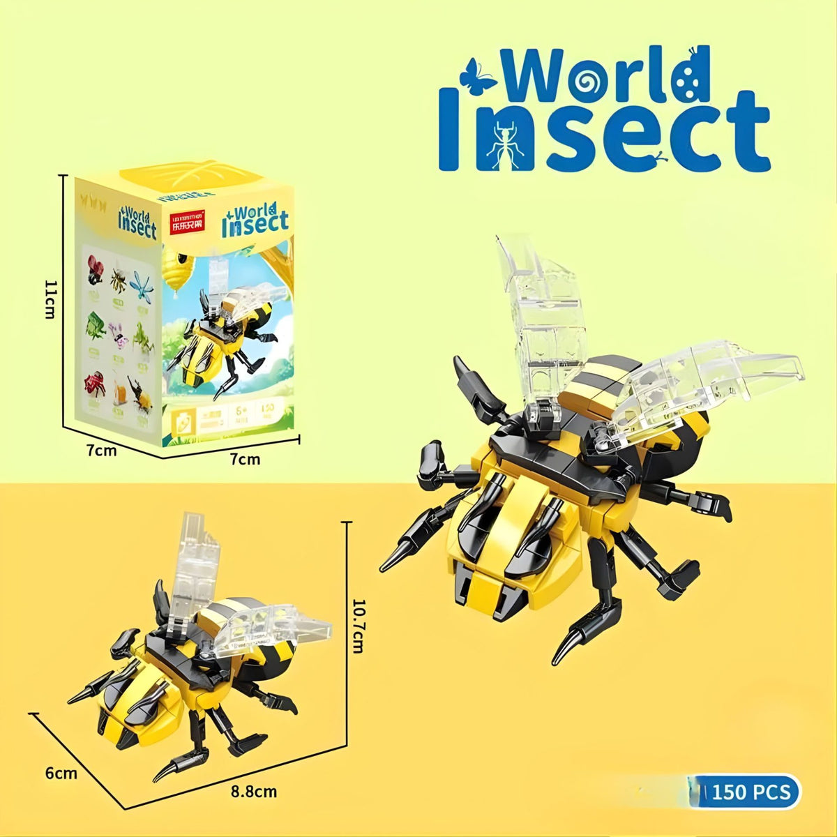 Set de Constructie Model Bondar, Jucarie Educativa STEM Lumea Insectelor Mini, Model 3D din Plastic ABS, 150 Piese, Varsta 6+ Ani, 11 x 7 x 7 cm, Negru/Galben