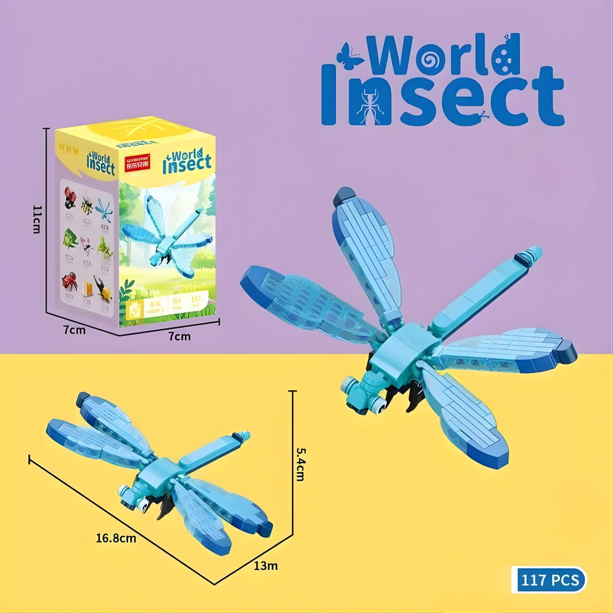 Set de Constructie Libelula, Jucarie Educativa STEM, Lumea Insectelor Mini, Model 3D din Plastic ABS, 117 Piese, Varsta 6+ Ani, 11 x 7 x 7 cm, Albastru