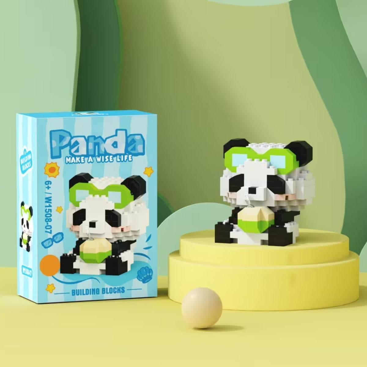 Set de Constructie Panda cu Suc de Cocos, Jucarie Educativa STEM, Model 3D Creativ, Plastic ABS, 168 Piese, 6+ Ani, 7.8 x 4.1 x 11.3 cm, Albastru Deschis