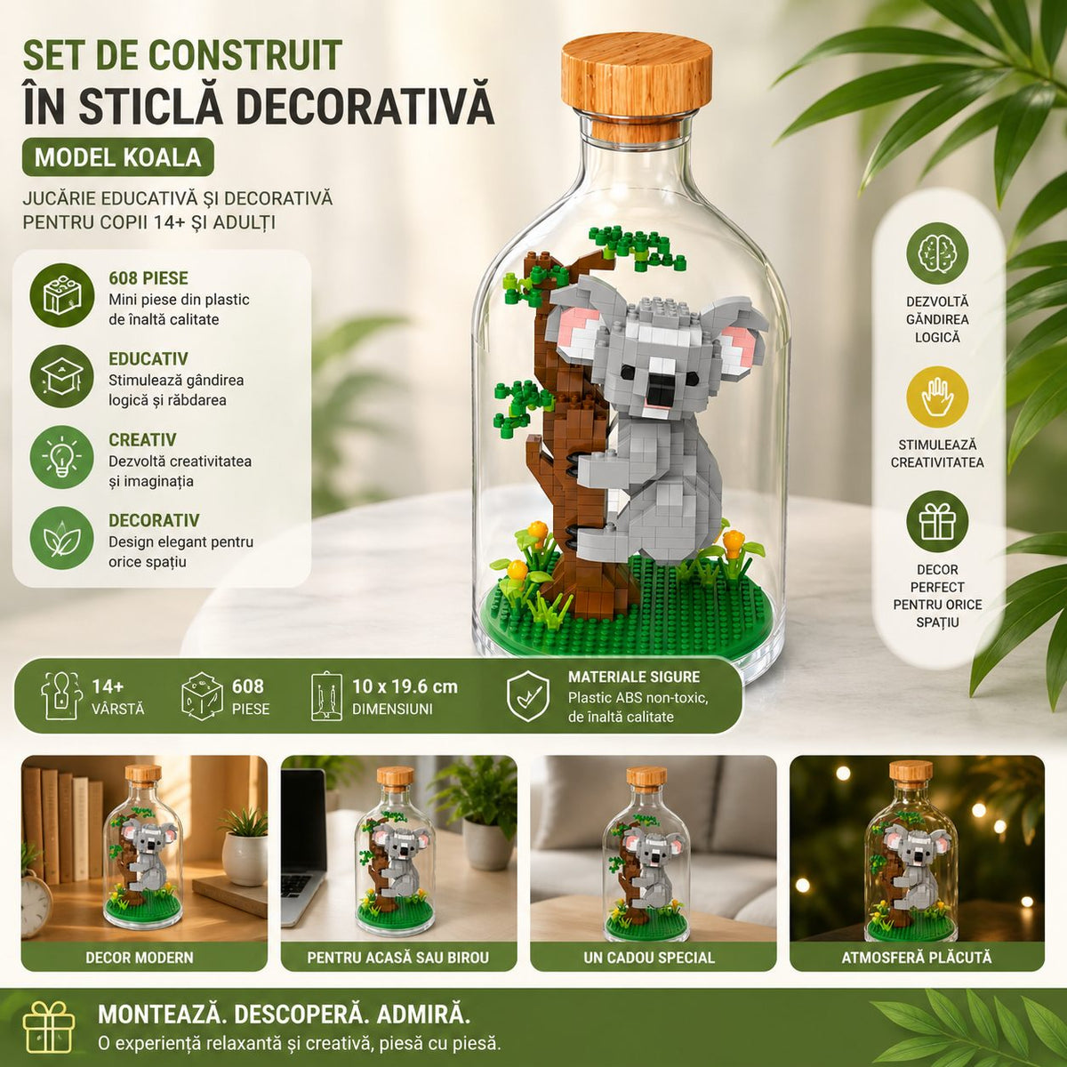 Set De Construit Koala, Puzzle 3D Decorativ, Pixel Building Blocks, Plastic, 608 Piese, Multicolor, 10 x 19.6 cm