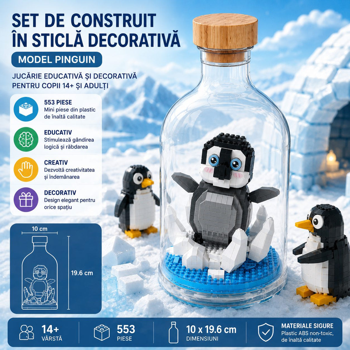 Set De Construit În Sticlă, Model Pinguin Pixel, 553 Piese, Plastic, 10 x 19.6 cm, Multicolor