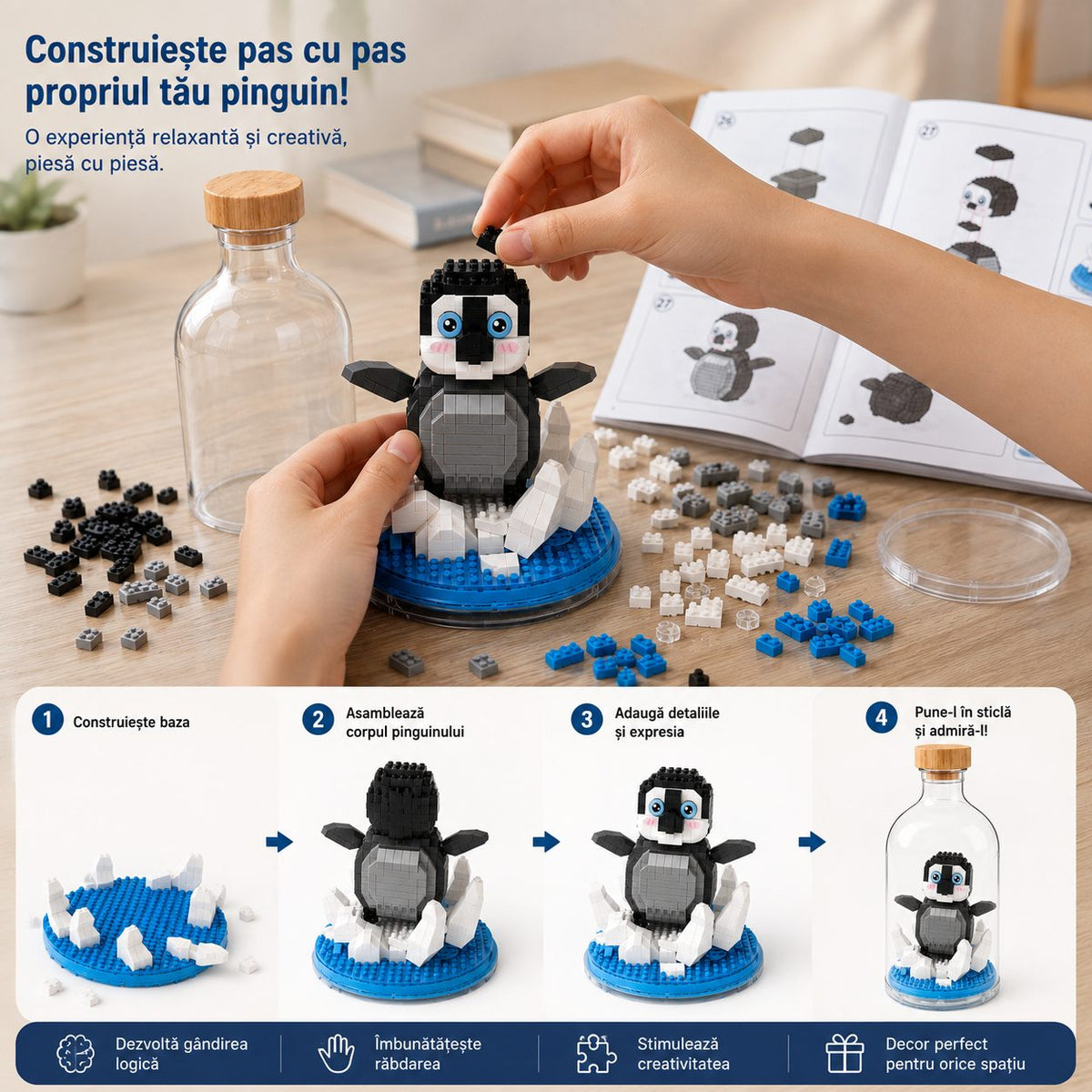 Set De Construit În Sticlă, Model Pinguin Pixel, 553 Piese, Plastic, 10 x 19.6 cm, Multicolor