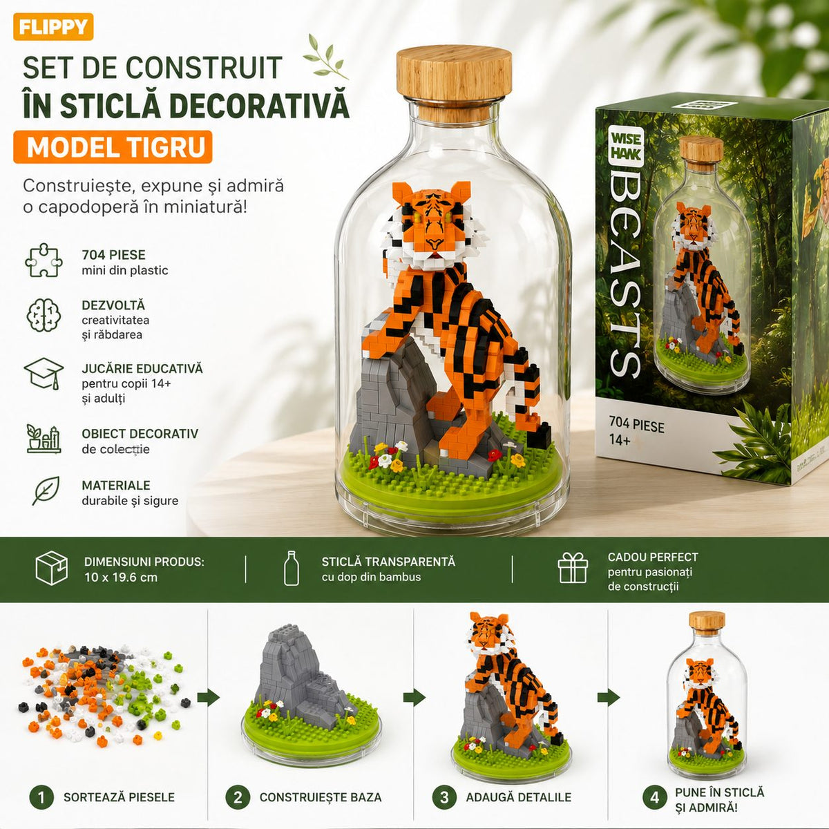 Set De Construit Model Tigru, Pixel Building Blocks Decorativi, Plastic, 704 Piese, Multicolor, 10 x 19.6 cm