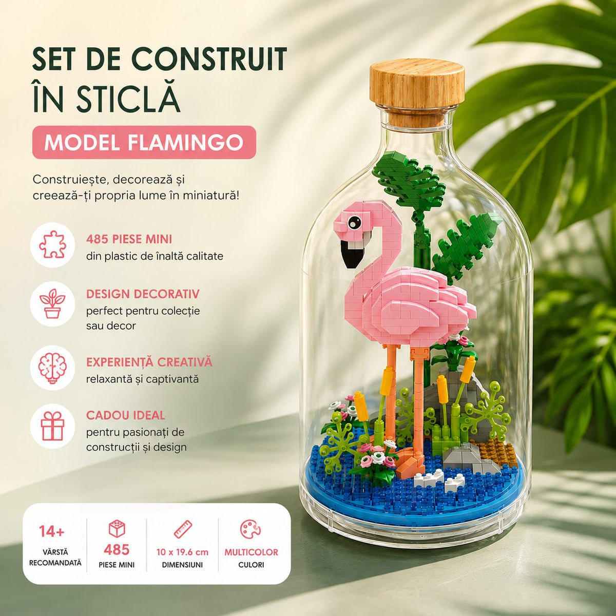 Set De Construit Flamingo, Model Pixel Art Decorativ, Plastic, 485 Piese, Multicolor, 10 x 19.6 cm