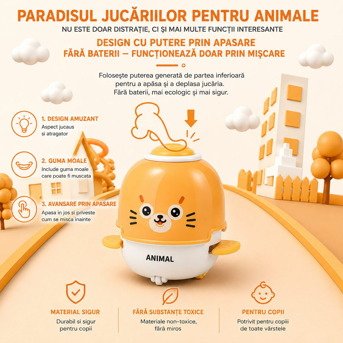 Jucarie Interactiva Pentru Pisici, Cu Aripioare Mobile Si Fata De Animal, Plastic ABS, Portocaliu-Galben