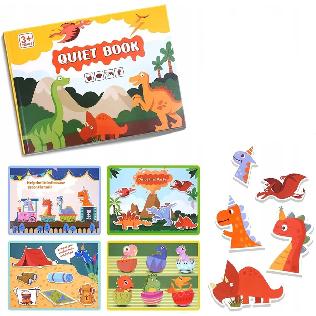 Carte Educativa Montessori, Quiet Book Senzoriala cu Stickere Reutilizabile, Joc Interactiv Invatare Timpurie, Tematica Dinozauri, Carton Plastifiat cu Scai, 10 Pagini, Multicolor, 3 Ani +