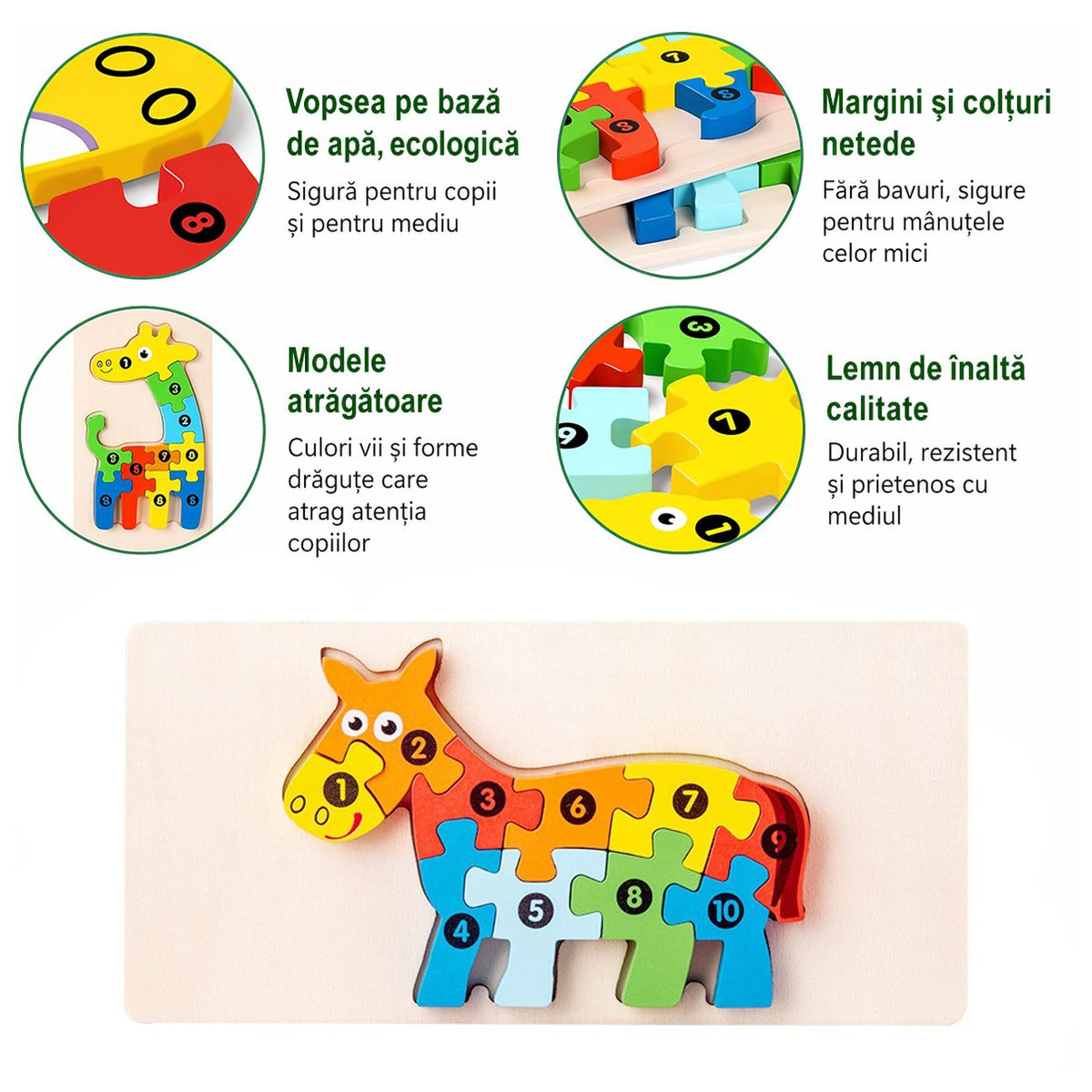 Puzzle din Lemn 3D Montessori, Jucarie Educativa Dezvoltare Motricitate Fina, Lemn Natural cu Vopsea Ecologica, 11 Piese, Model Magarus, 0-3 Ani, Multicolor