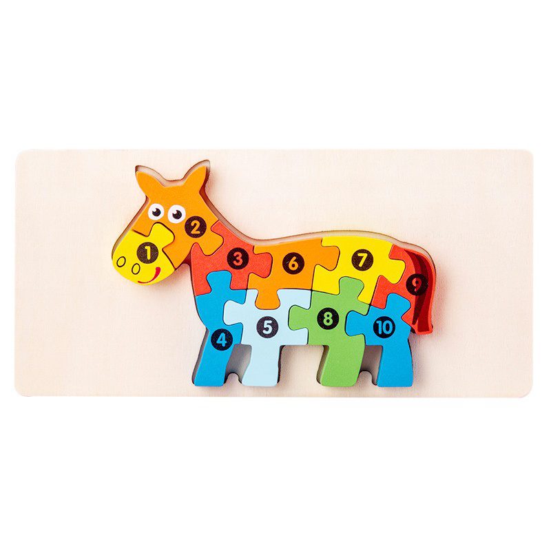 Puzzle din Lemn 3D Montessori, Jucarie Educativa Dezvoltare Motricitate Fina, Lemn Natural cu Vopsea Ecologica, 11 Piese, Model Magarus, 0-3 Ani, Multicolor