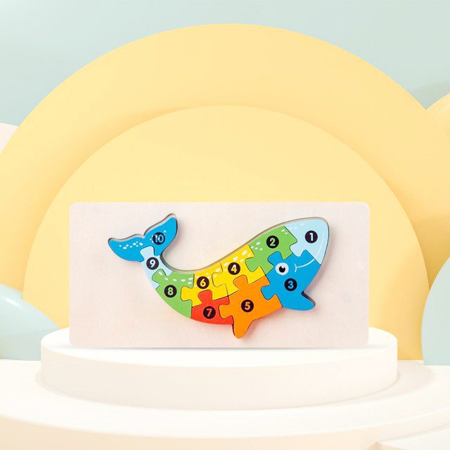 Puzzle din Lemn 3D Montessori, Jucarie Educativa si Interactiva pentru Dezvoltarea Motricitatii, Vopsea Ecologica, 11 Piese, Model Balena, Multicolor, 0-3 Ani