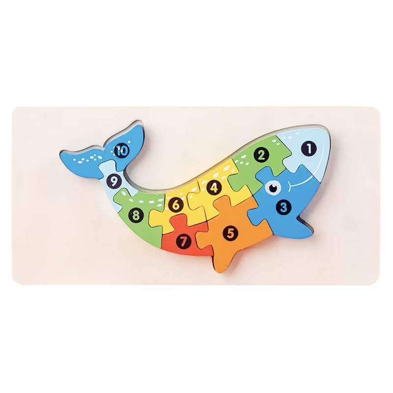 Puzzle din Lemn 3D Montessori, Jucarie Educativa si Interactiva pentru Dezvoltarea Motricitatii, Vopsea Ecologica, 11 Piese, Model Balena, Multicolor, 0-3 Ani