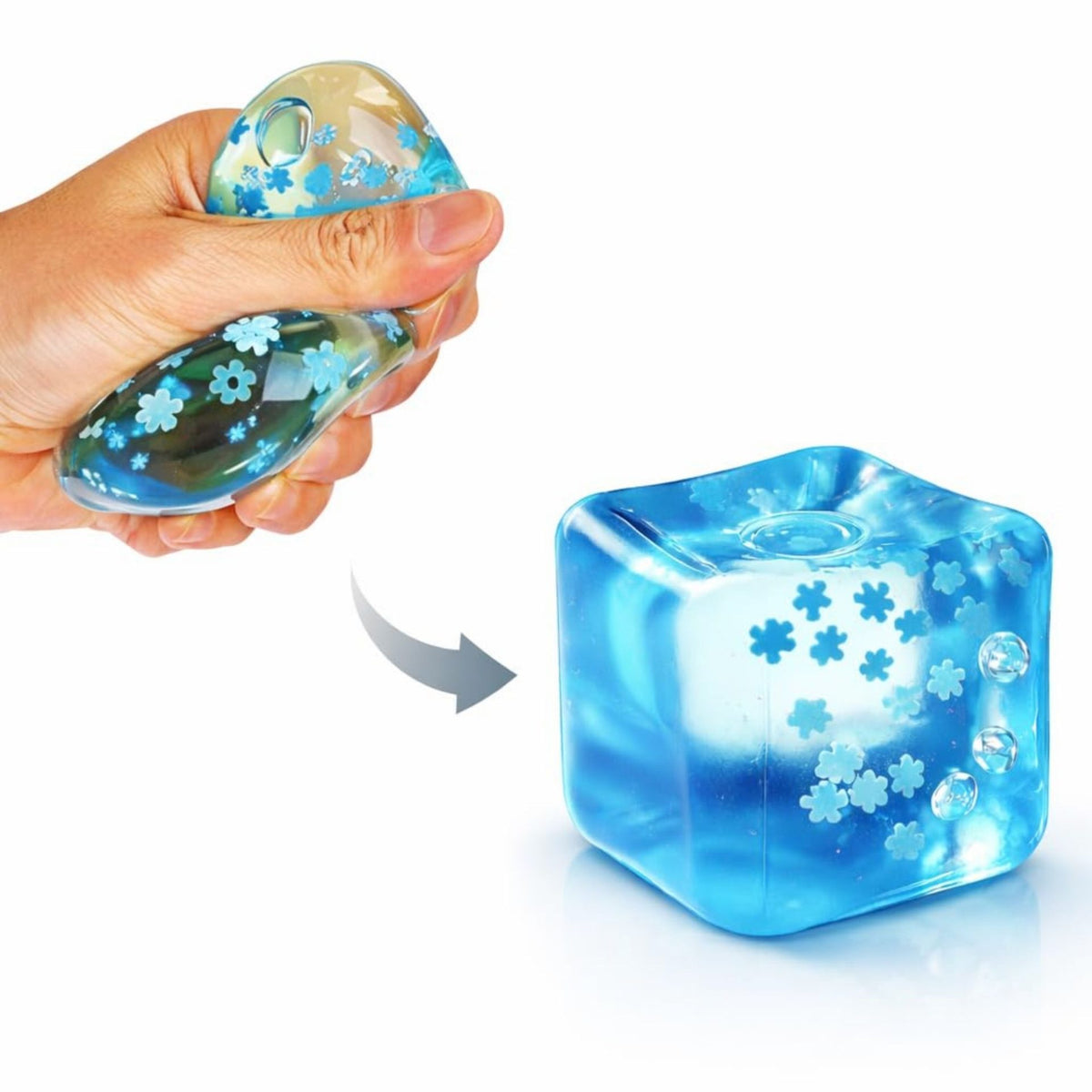 Jucarie Squishy Antistres, Model Ice Cube cu Fulgi de Nea, Revenire Lenta, TPR Elastic, 3 cm, Albastru Deschis