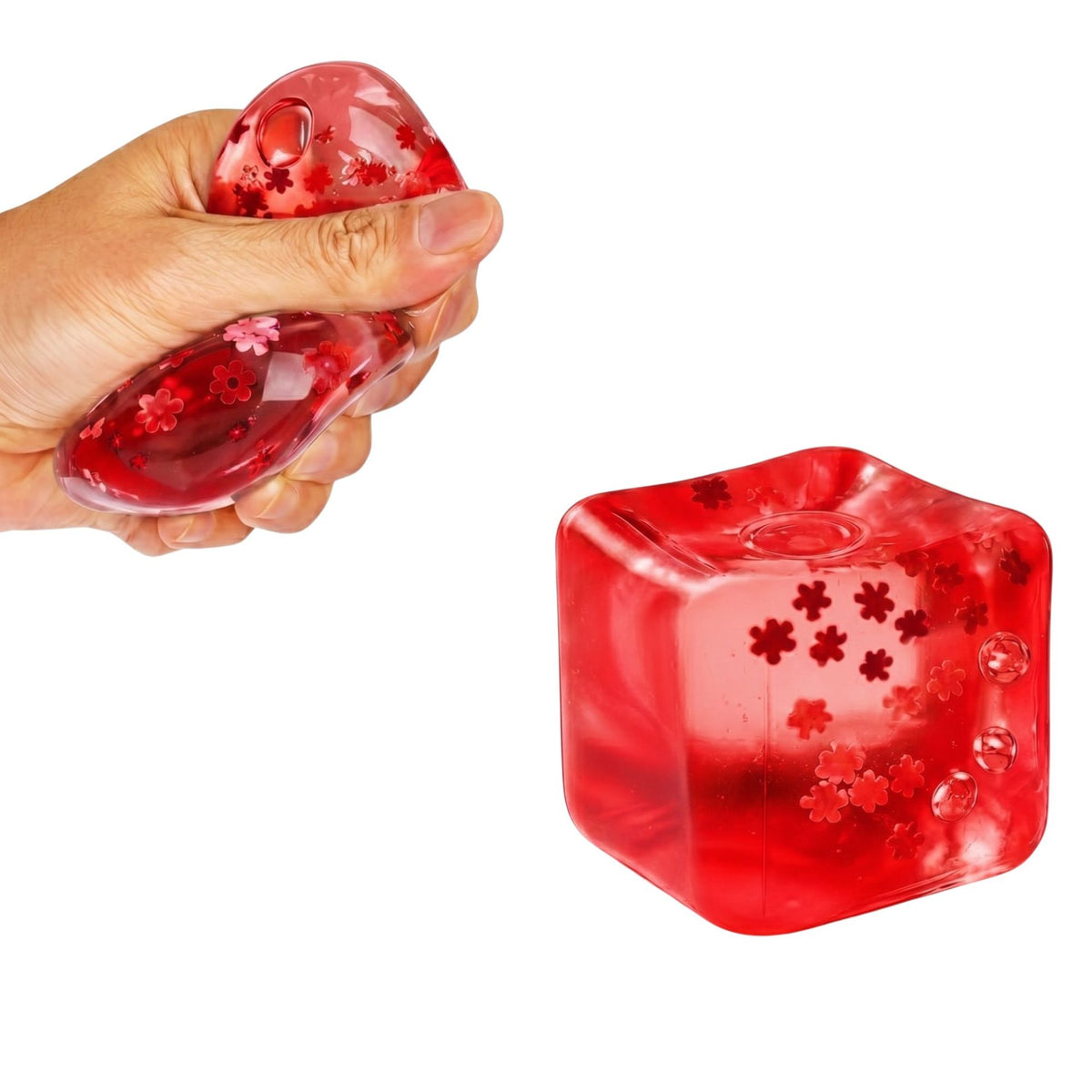Jucarie Squishy Antistres, Cub Fidget Ice Cube cu Fulgi de Nea, Material TPR Revenire Lenta, 3 cm, Rosu