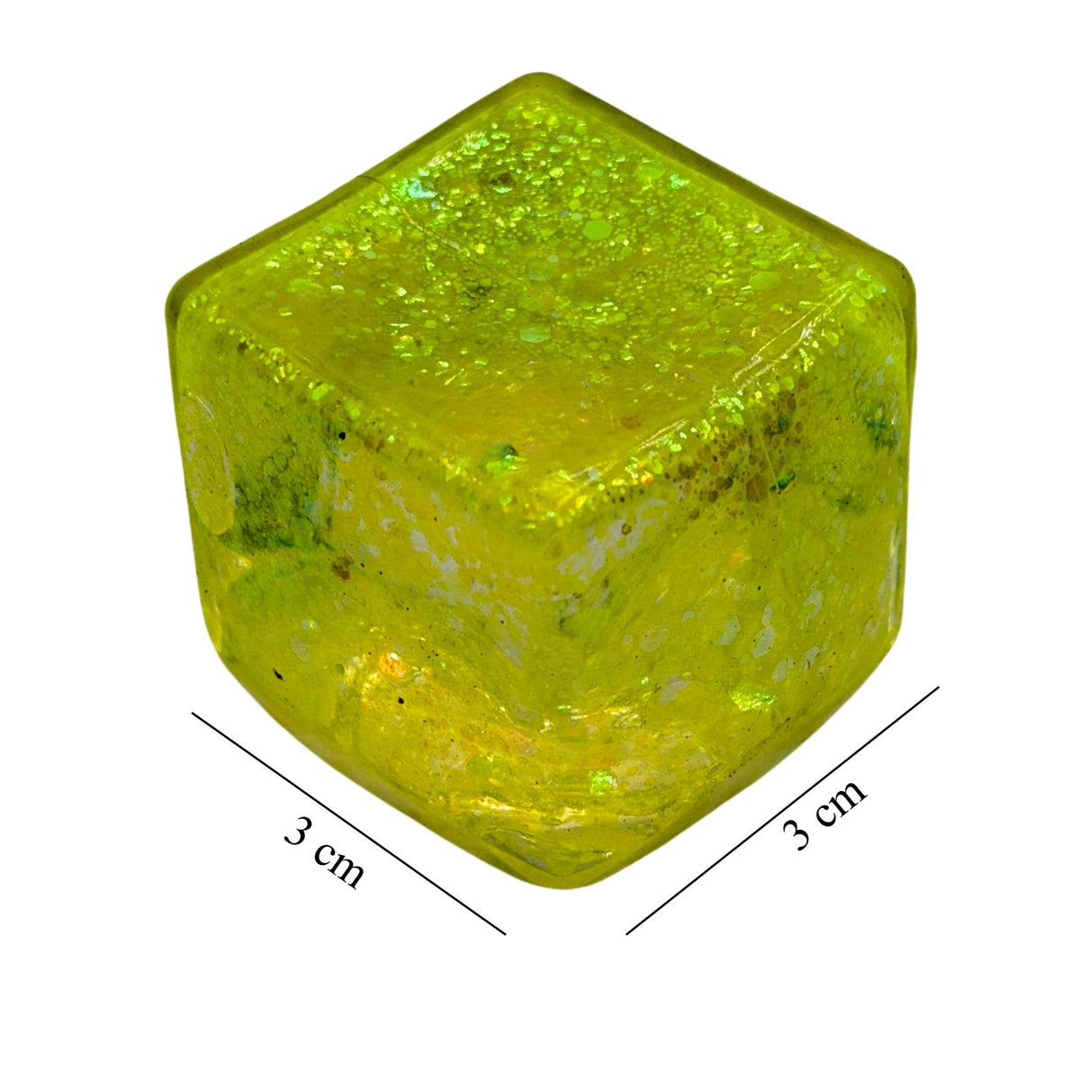 Jucarie Squishy Antistres Cub, Model Ice Cube cu Sclipici Magic, Revenire Lenta, TPR, 3x3 cm, Galben
