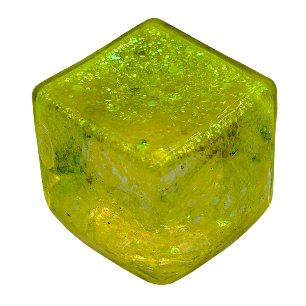 Jucarie Squishy Antistres Cub, Model Ice Cube cu Sclipici Magic, Revenire Lenta, TPR, 3x3 cm, Galben