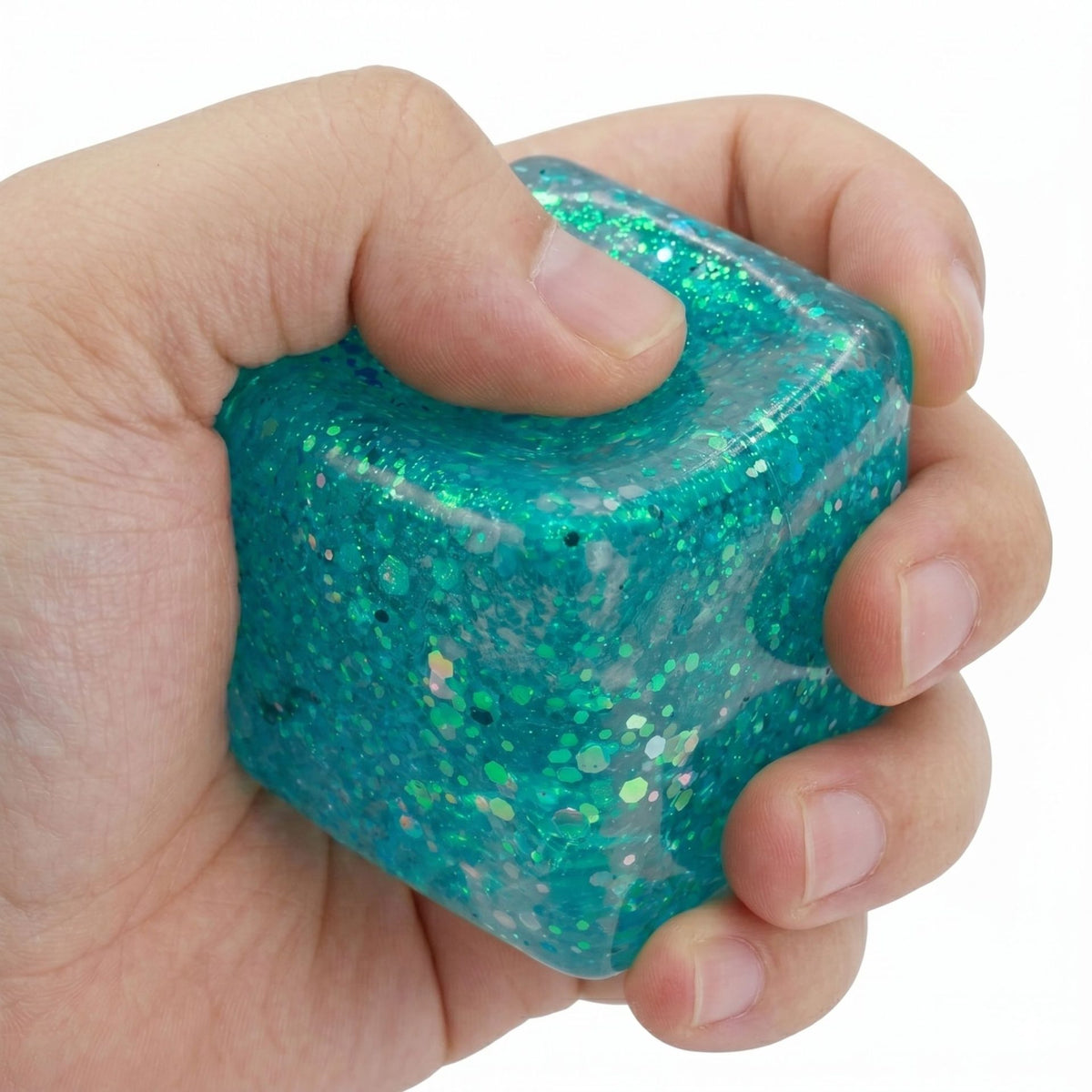 Jucarie Squishy Antistres, Cub Fidget Ice Cube cu Sclipici, Revenire Lenta, Material TPR, 3x3 cm, Albastru