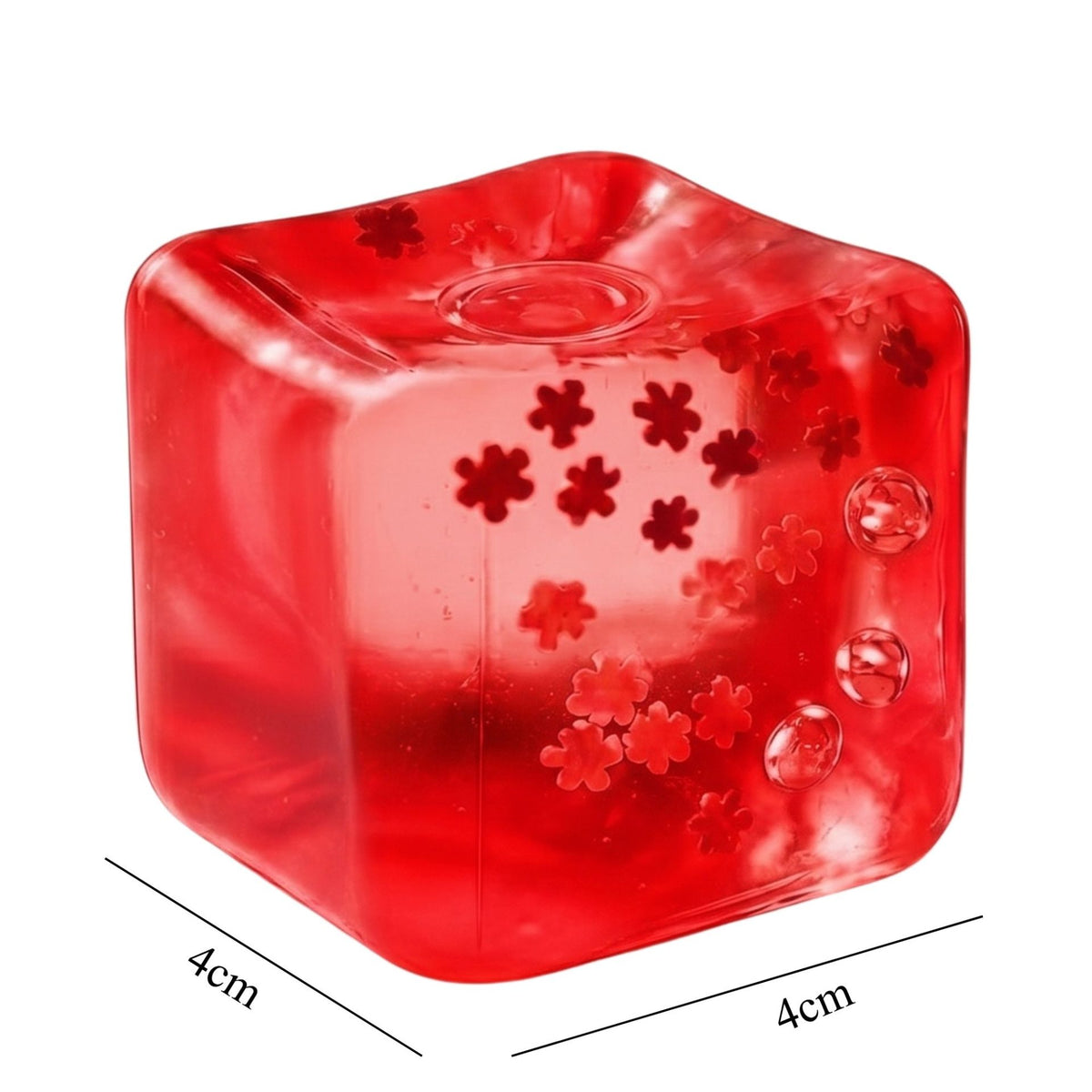 Jucarie Squishy Antistres, Cub Fidget Ice Cube cu Fulgi de Nea, Revenire Lenta, TPR Elastic, 4x4x4 cm, Rosu
