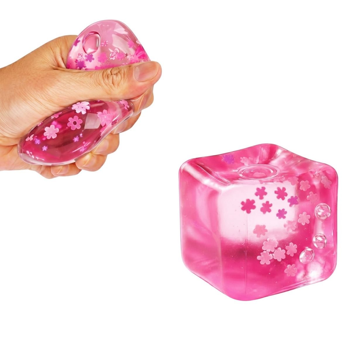 Jucarie Squishy Antistres, Cub Fidget Ice Cube cu Fulgi de Nea, Revenire Lenta, TPR Elastic, 3.5x3.5 cm, Roz