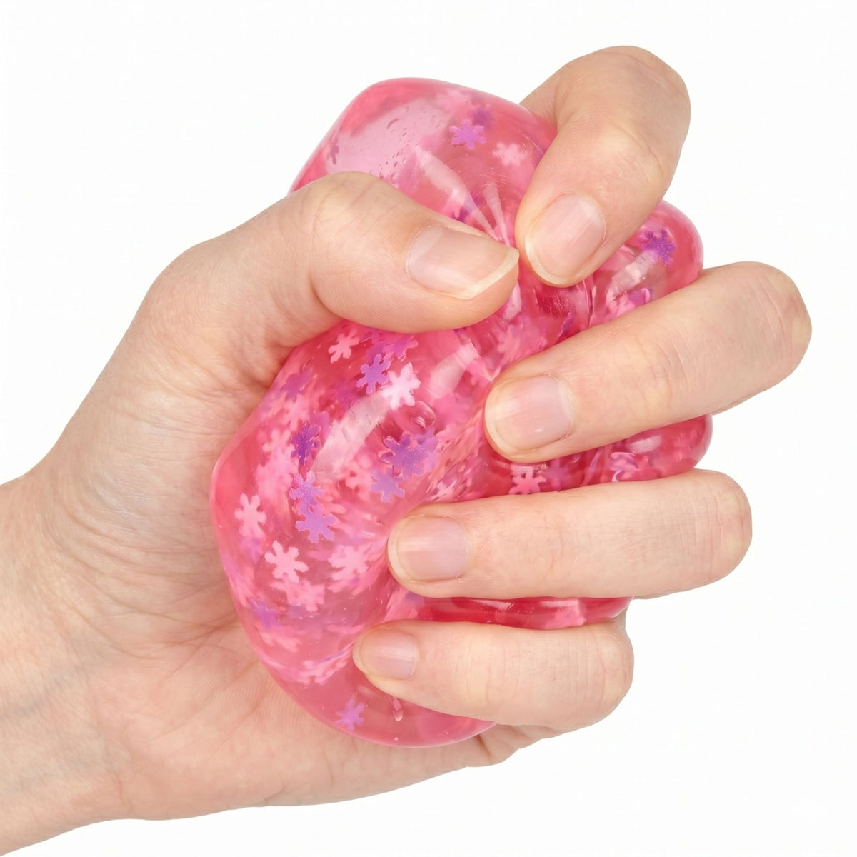 Jucarie Squishy Antistres, Cub Fidget Ice Cube cu Fulgi de Nea, Revenire Lenta, TPR Elastic, 3.5x3.5 cm, Roz