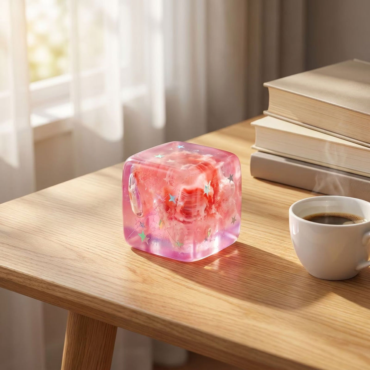 Needoh Jucarie Squishy, Cub Antistres Senzorial cu Revenire Lenta, Termoplastic TPE, 4.5x4.5x4.5 cm, Roz cu Stele Maritime