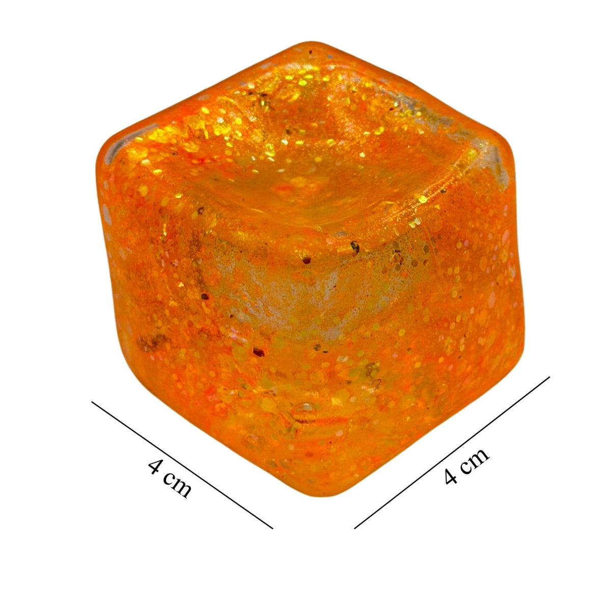 Jucarie Squishy Antistres, Model Ice Cube cu Sclipici Magic, Revenire Lenta, Material TPR, 4x4 cm, Portocaliu