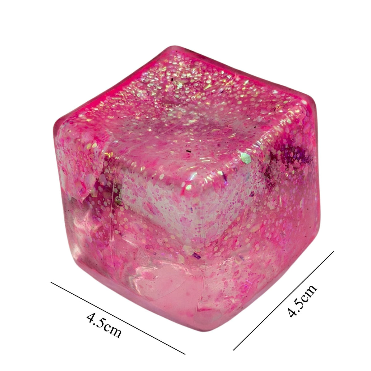 Jucarie Squishy Antistres, Cub Fidget Ice Cube cu Sclipici, Revenire Lenta, Material TPR, 4.5x4.5 cm, Roz