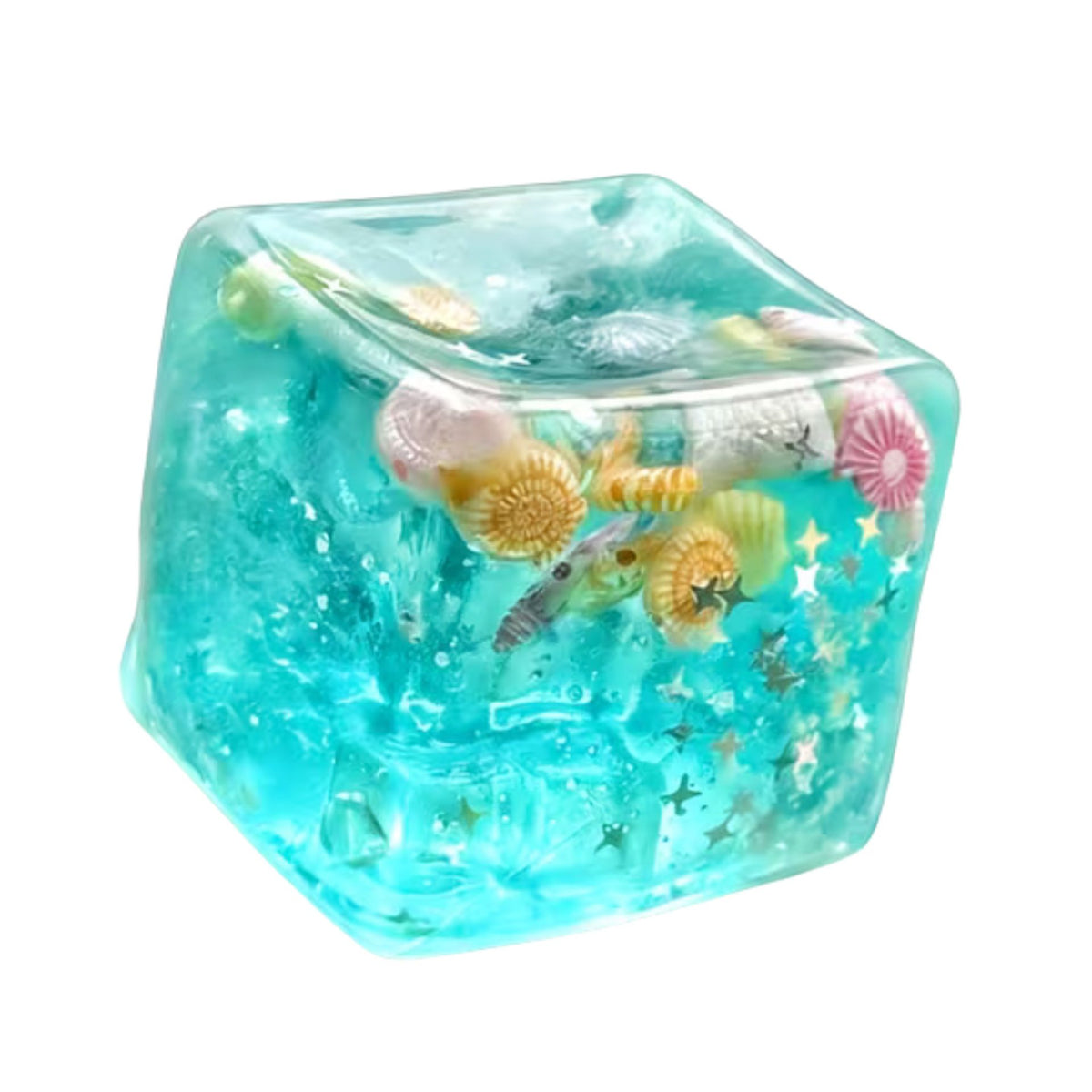 Jucarie Squishy Needoh, Cub Antistres Senzorial cu Revenire Lenta, Termoplastic, Albastru cu Stele Maritime, 4.5x4.5x4.5 cm, 110 g