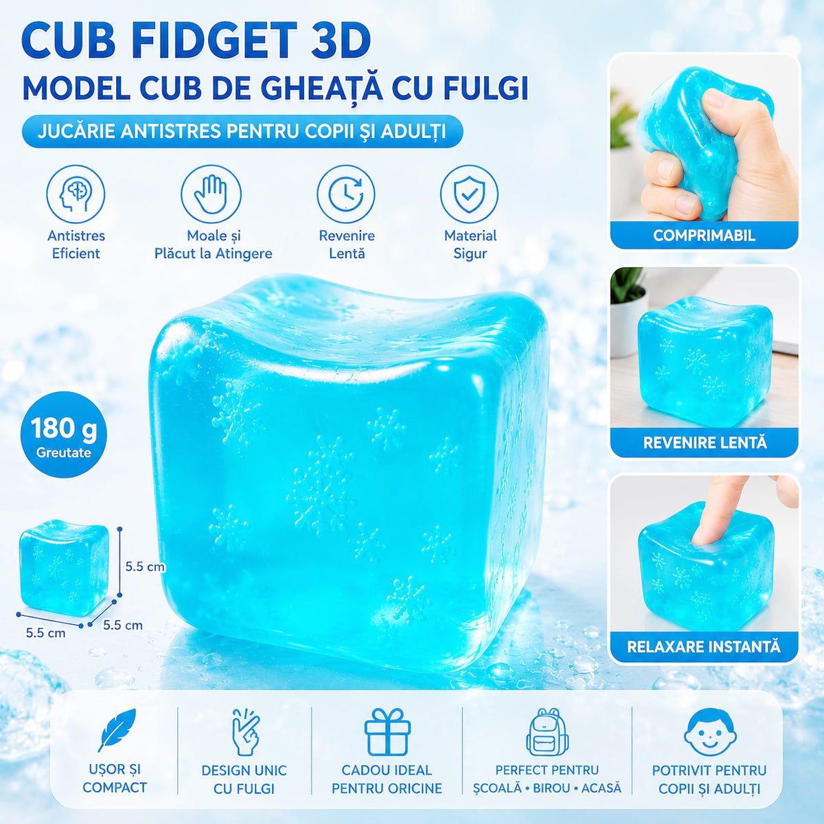 Jucarie Squishy Needoh, Cub Antistres Senzorial cu Revenire Lenta, Termoplastic, Model Cub de Gheata cu Fulgi, 5.5x5.5x5.5 cm, Albastru