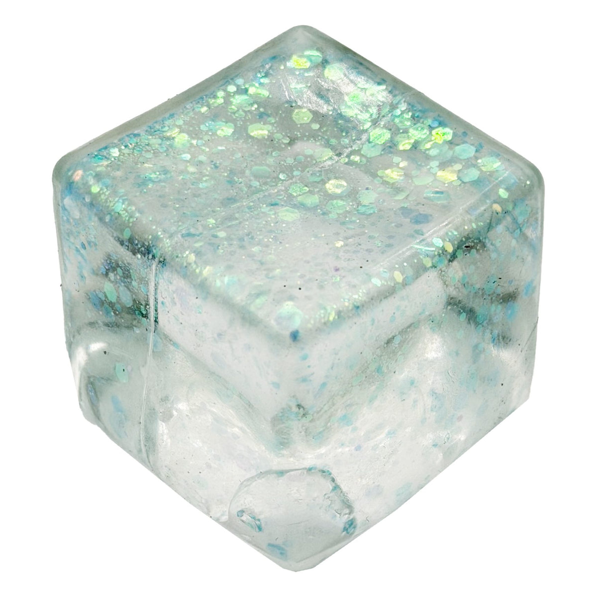 Jucarie Squishy Cub Magic, Antistres Senzorial cu Glitter, Termoplastic Transparent, 5x5x5 cm, Culoare Mix
