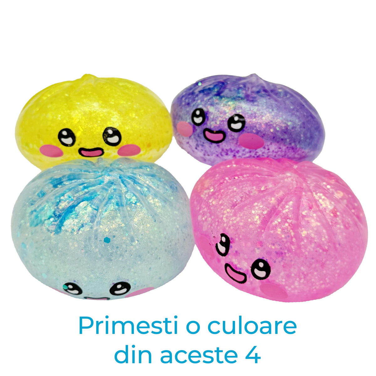 Jucarie Squishy Antistres, Model Dumpling cu Sclipici, Revenire Lenta, Termoplastic, 6.5 x 6.5 cm, Culoare Mix Surpriza
