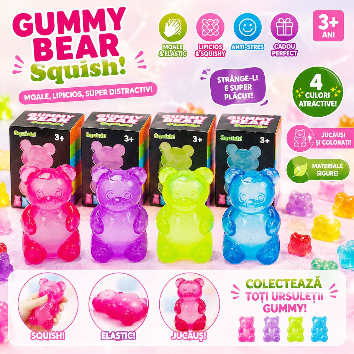 Jucarie Antistres Urs Fidget, Model Gummy Bear Comprimabil cu Revenire, Termoplastic, 4x4x7.5 cm, Mov
