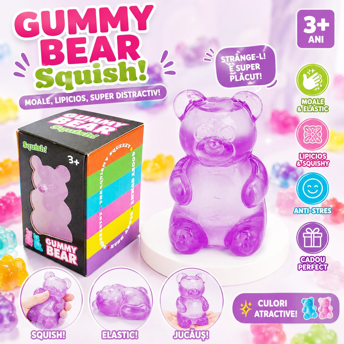 Jucarie Antistres Urs Fidget, Model Gummy Bear Comprimabil cu Revenire, Termoplastic, 4x4x7.5 cm, Mov