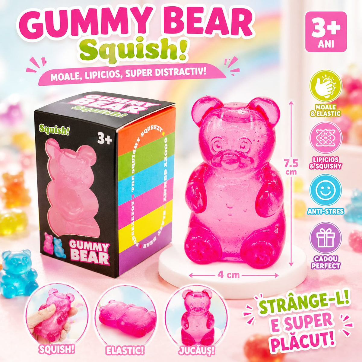 Jucarie Antistres Squishy, Model Gummy Bear, Comprimabila cu Revenire, Material Termoplastic, 4x4x7.5 cm, Roz