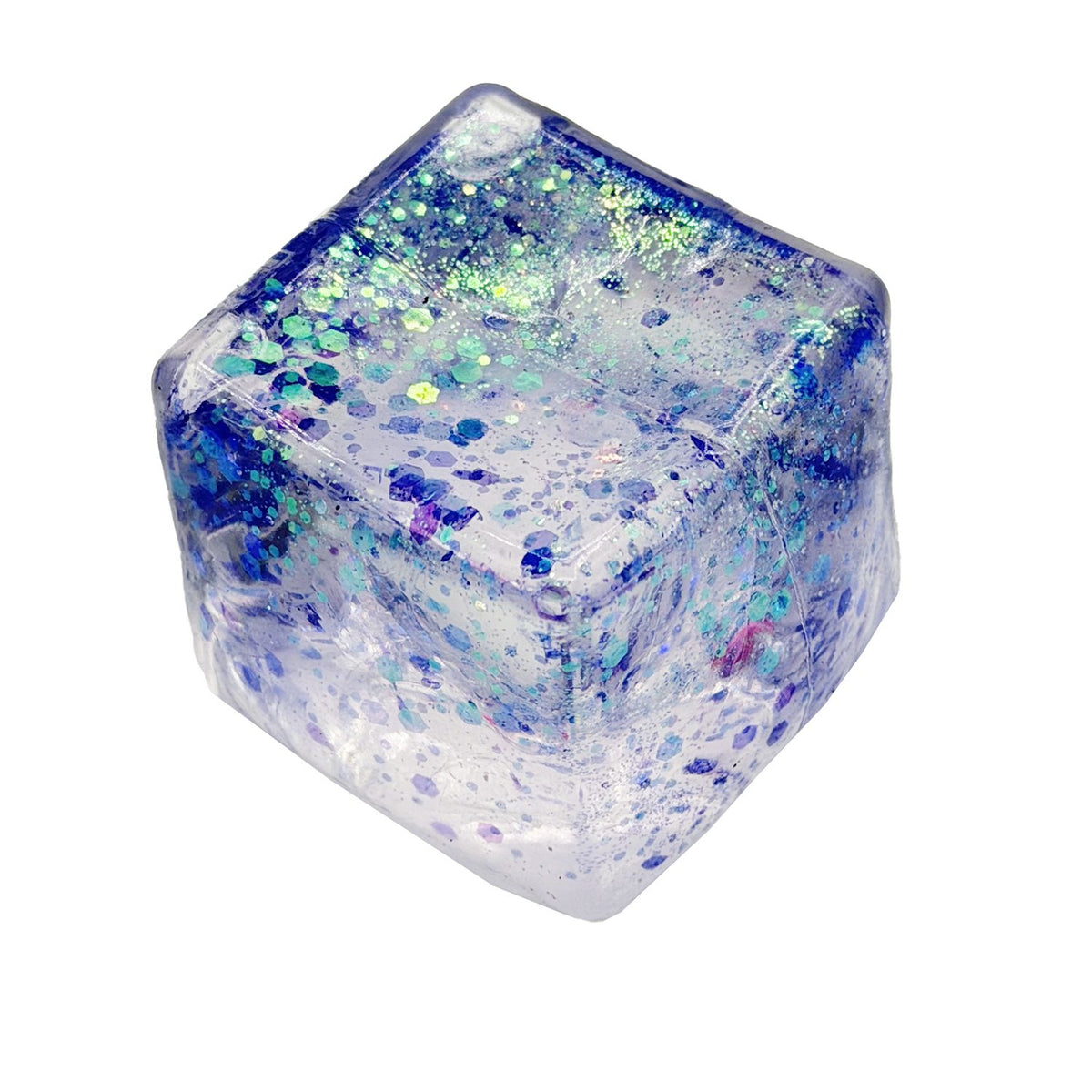 Jucarie Squishy Antistres, Cub Fidget Senzorial cu Sclipici, Revenire Lenta, Termoplastic, 5x5x5 cm, Mov
