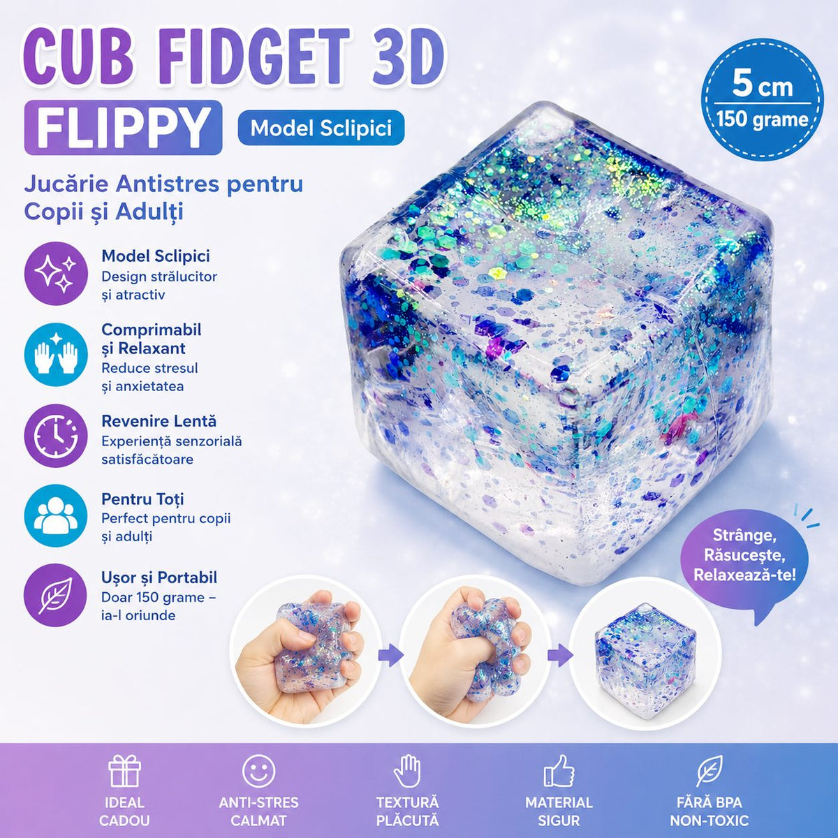 Jucarie Squishy Antistres, Cub Fidget Senzorial cu Sclipici, Revenire Lenta, Termoplastic, 5x5x5 cm, Mov