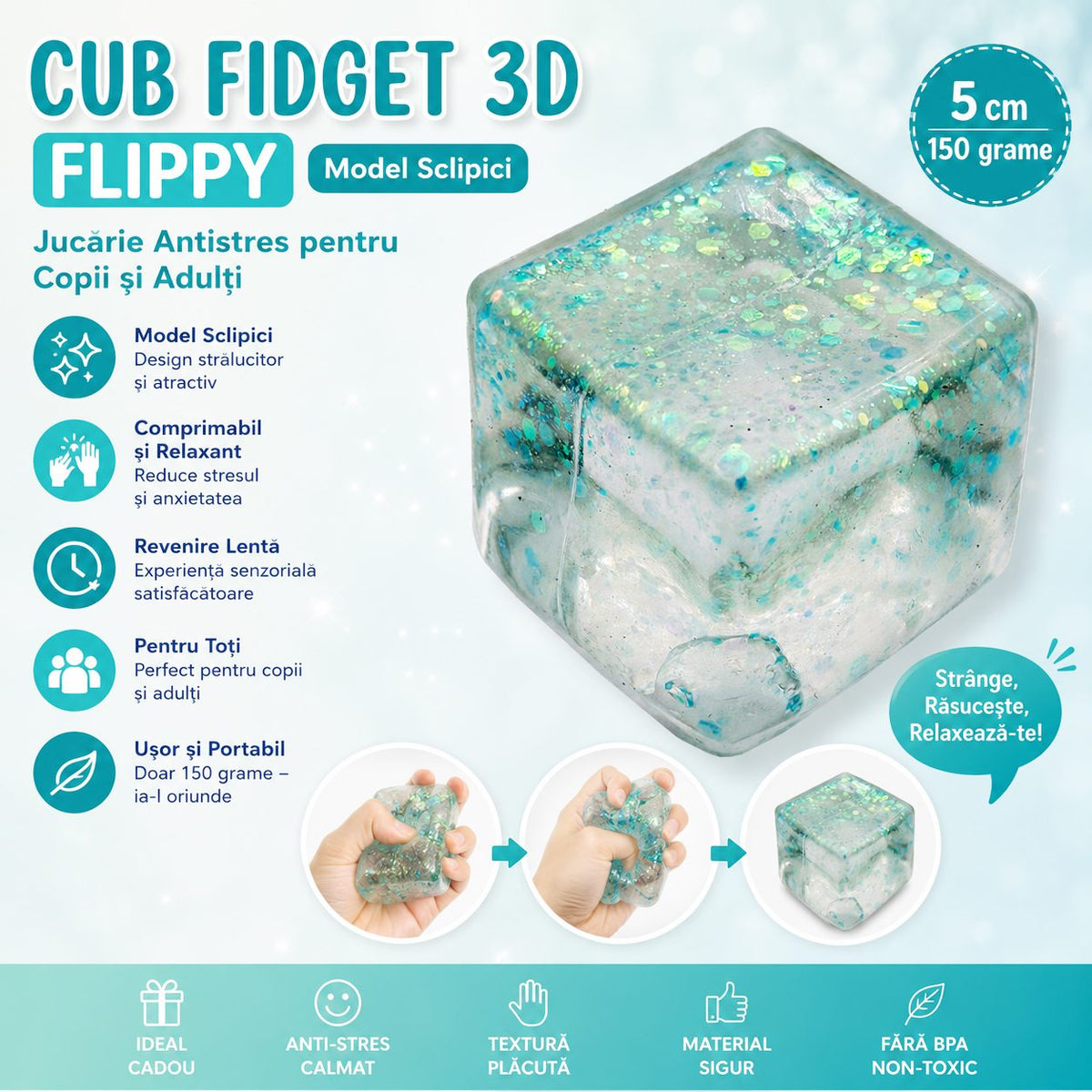 Jucarie Squishy Antistres Tip Needoh, Cub Fidget Senzorial cu Sclipici, Termoplastic cu Revenire Lenta, 5x5x5 cm, Albastru