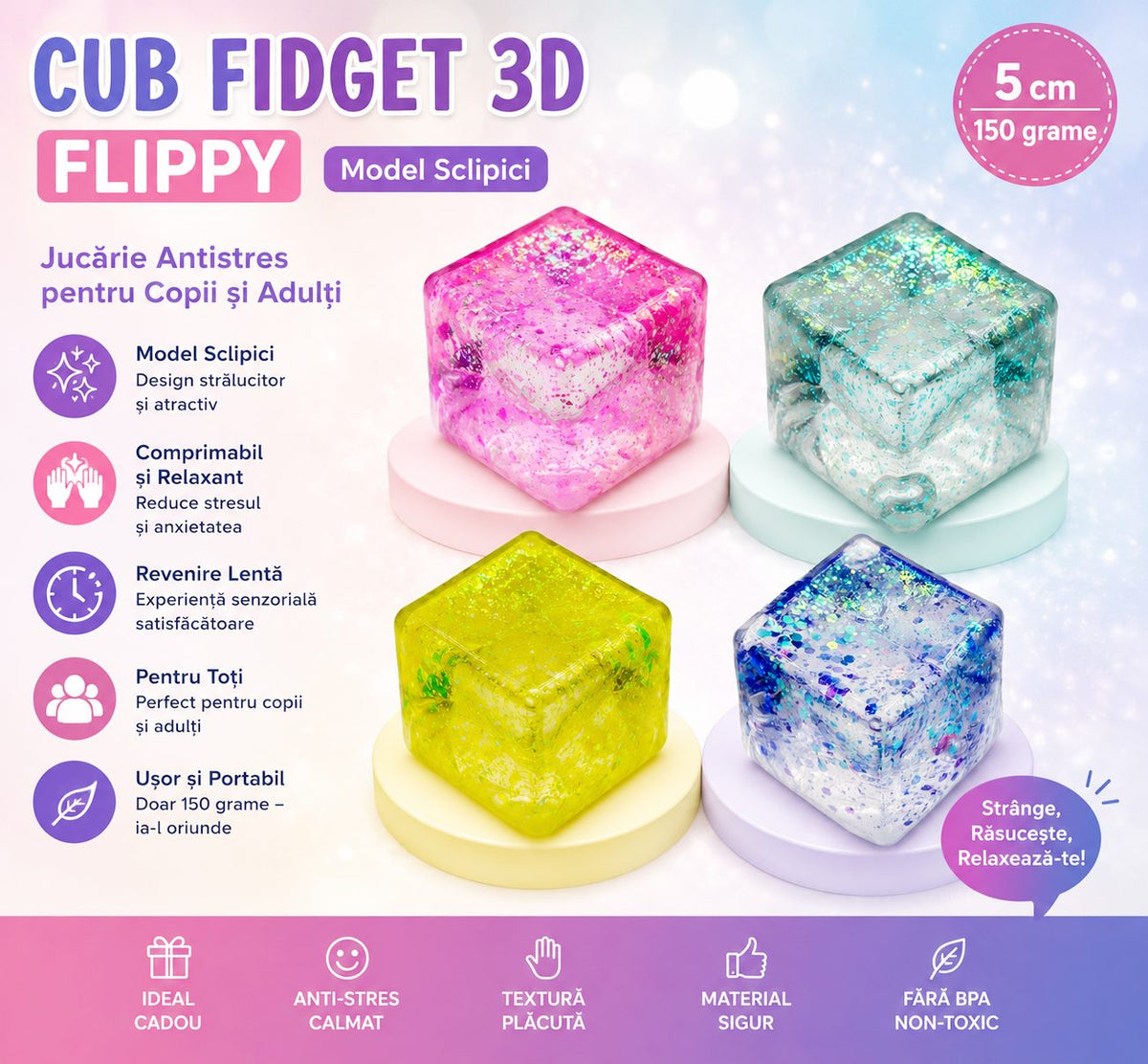 Jucarie Squishy Antistres Tip Needoh, Cub Fidget Senzorial cu Sclipici, Termoplastic cu Revenire Lenta, 5x5x5 cm, Albastru