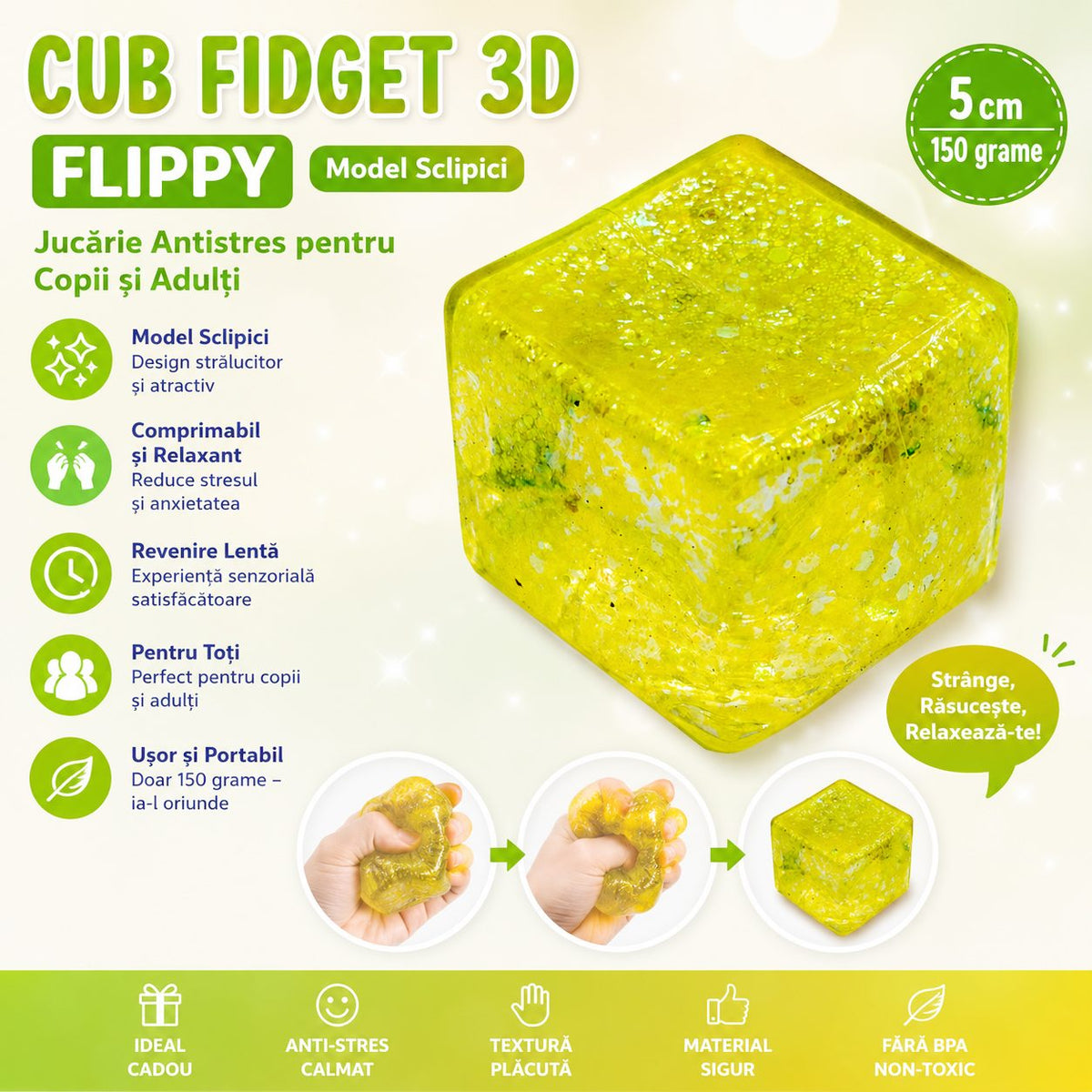 Jucarie Squishy Antistres Cub, Revenire Lenta cu Sclipici, Termoplastic, 5x5x5 cm, Galben