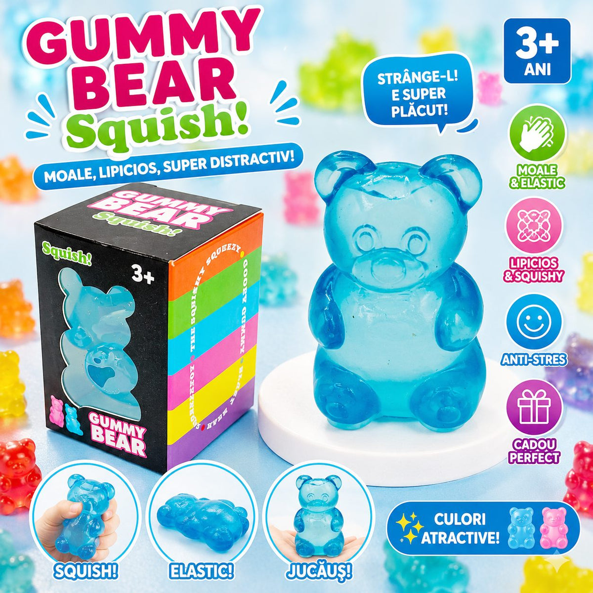Jucarie Antistres Squishy, Model Gummy Bear Comprimabila cu Revenire, Termoplastic, 4x4x7.5 cm, Albastru