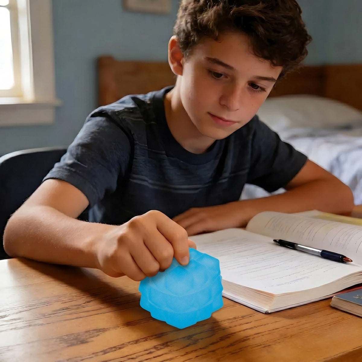 Jucarie Squishy Antistres Cub, Design Sculptat 3D cu Revenire Lenta, Spuma Poliuretanica, 5 cm, 135 g, Albastru